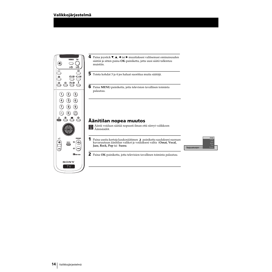 Äänitilan nopea muutos, 14 valikkojärjestelmä | Sony KP-53PS1 Manual del usuario | Página 174 / 196