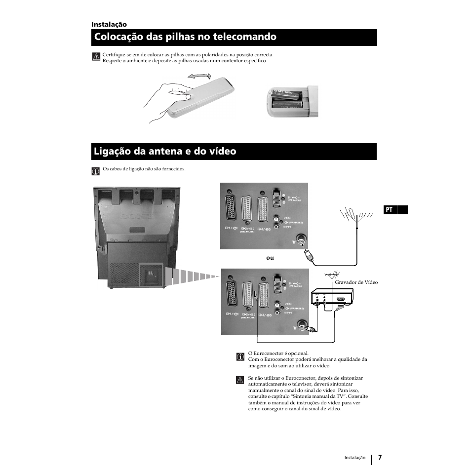 Colocação das pilhas no telecomando, Ligação da antena e do vídeo | Sony KP-53PS1 Manual del usuario | Página 39 / 196