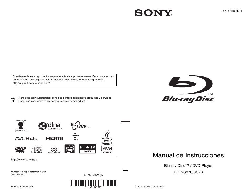 Sony BDP-S370 Manual del usuario | Páginas: 39
