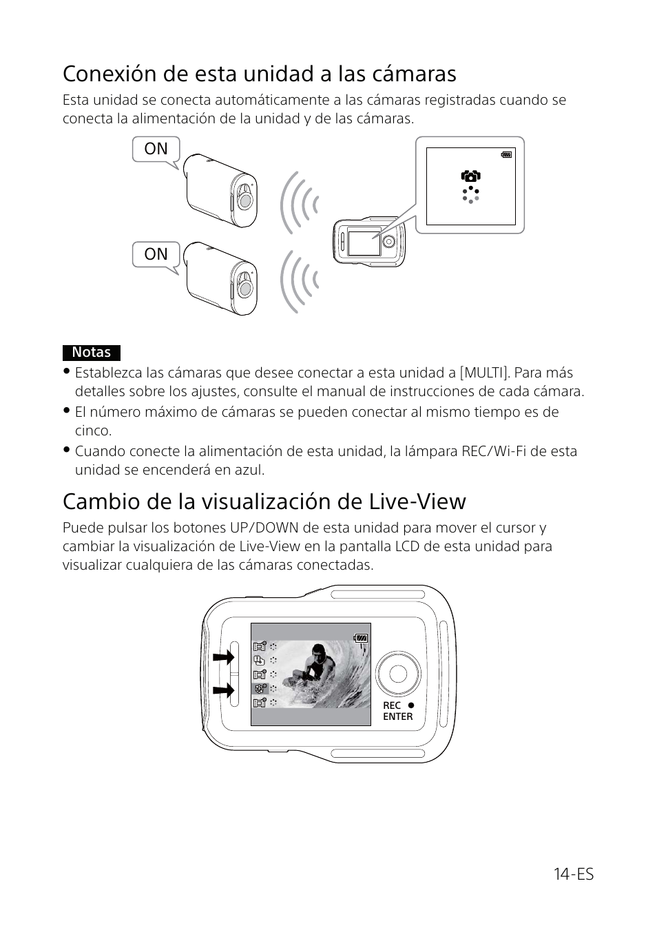 Conexión de esta unidad a las cámaras, Cambio de la visualización de live-view | Sony RM-LVR1 Manual del usuario | Página 14 / 16