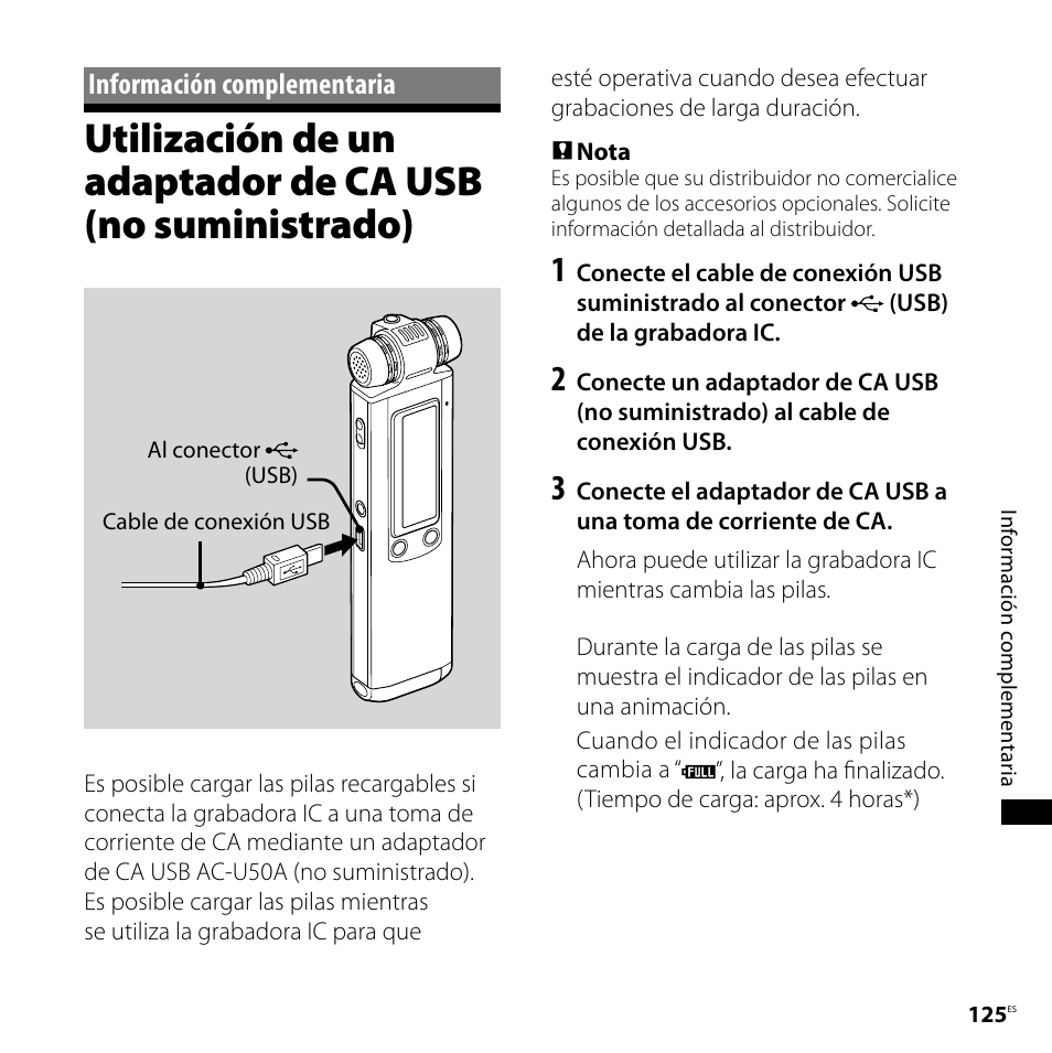Información complementaria, Utilización de un adaptador de ca usb, No suministrado) | Sony ICD-SX700 Manual del usuario | Página 125 / 136