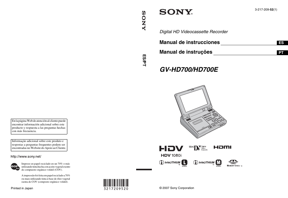 Sony GV-HD700E Manual del usuario | Páginas: 191