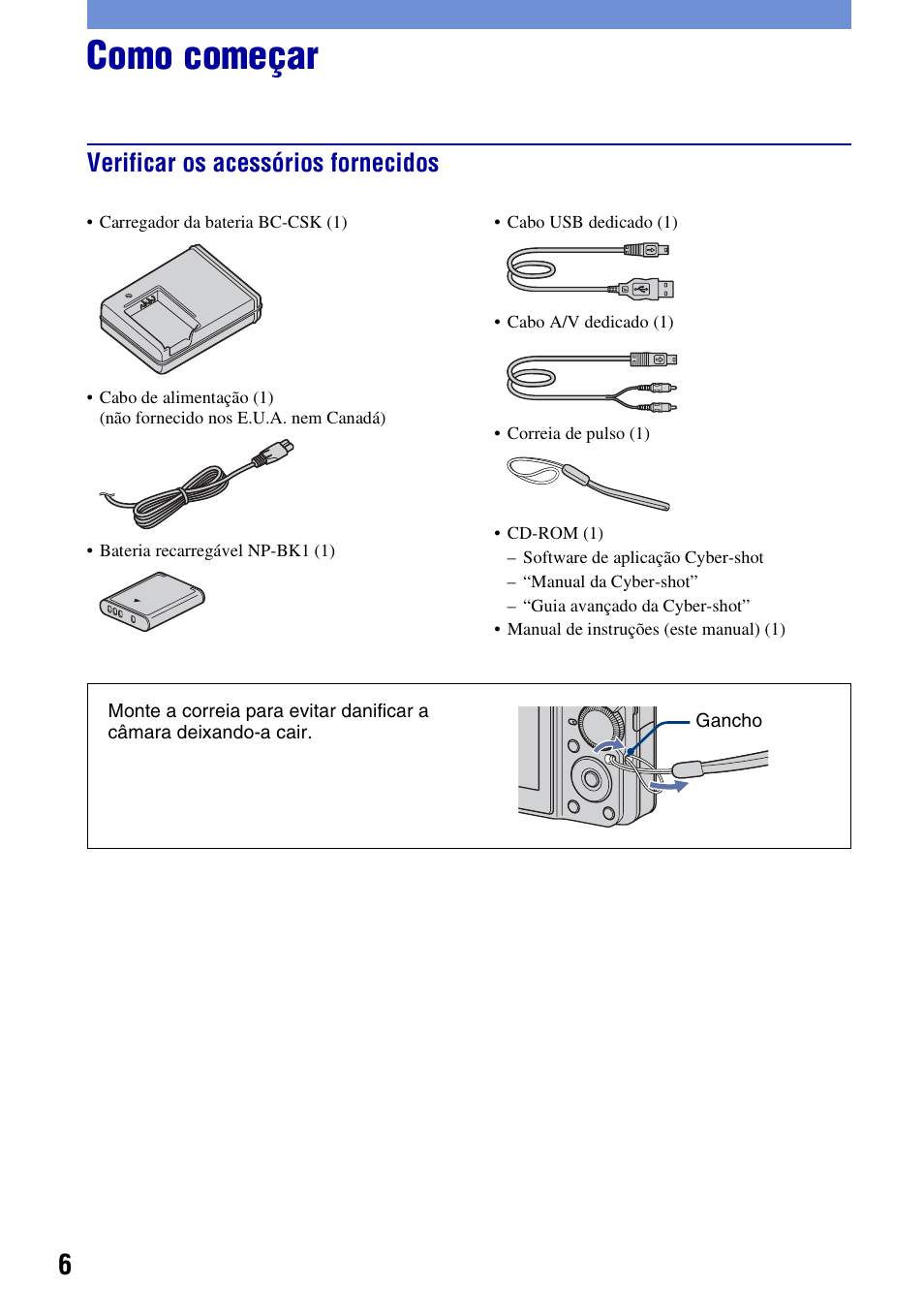 Como começar, Verificar os acessórios fornecidos | Sony DSC-S780 Manual del usuario | Página 36 / 64
