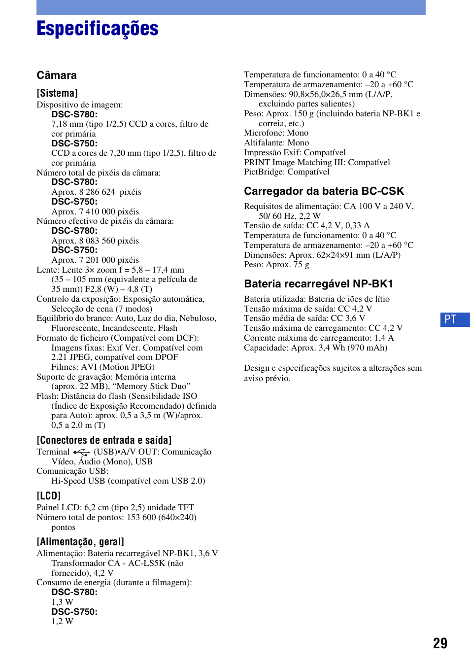 Especificações | Sony DSC-S780 Manual del usuario | Página 59 / 64