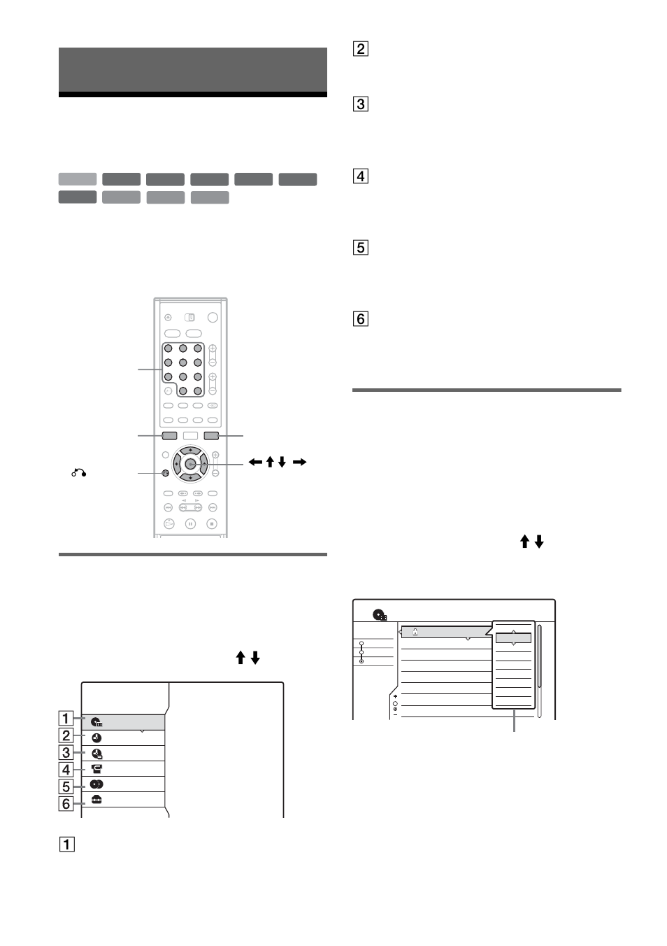 Guía de pantallas, Uso de los menús en pantalla, Menú del sistema | Submenú, A lista de títulos (página 35), B tempo rizador (página 44), C lista de temporiz . (página 48), D editar dv (página 80), E copi ando (página 74), F conf iguración (página 86) | Sony RDR-HX1000 Manual del usuario | Página 34 / 124