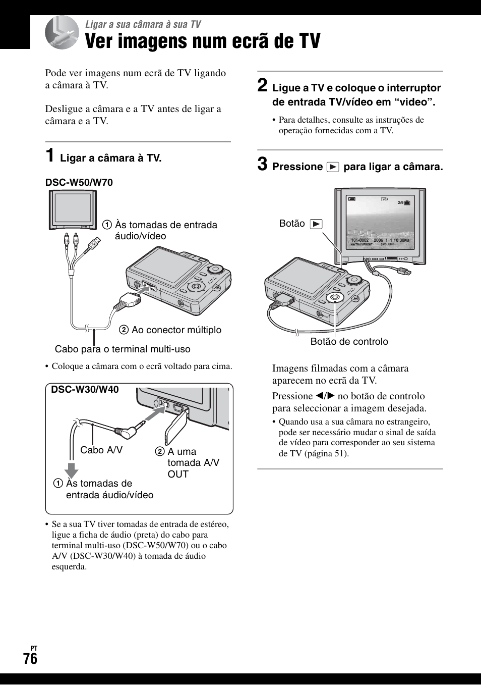 Ligar a sua câmara à sua tv, Ver imagens num ecrã de tv | Sony DSC-W50 Manual del usuario | Página 182 / 215