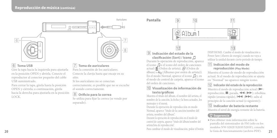 21 reproducción de música, Pantalla | Sony NW-S202 Manual del usuario | Página 11 / 16