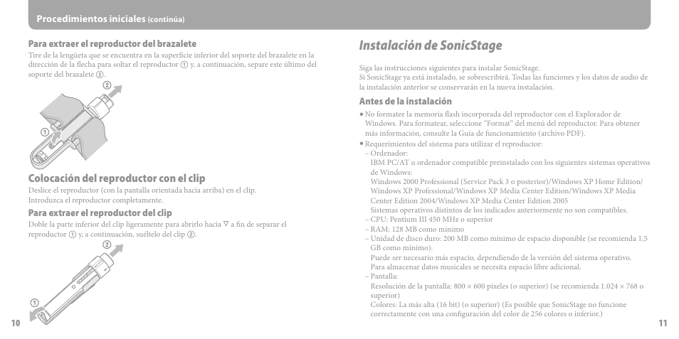 Instalación de sonicstage, Colocación del reproductor con el clip | Sony NW-S202 Manual del usuario | Página 6 / 16