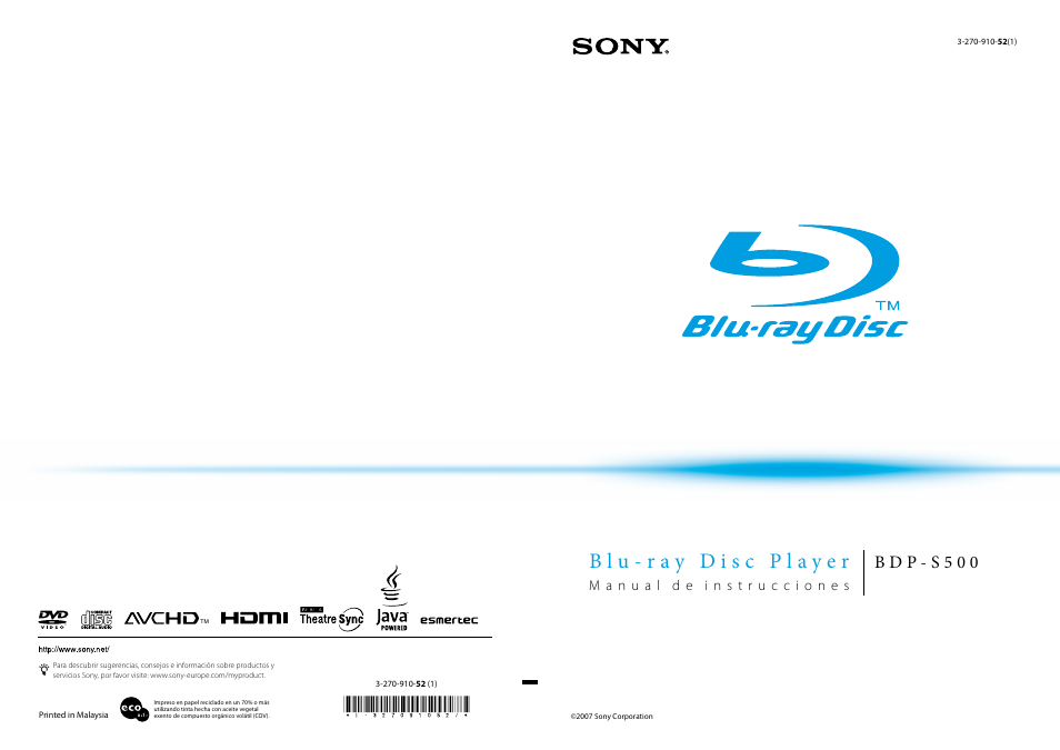 Sony BDP-S500 Manual del usuario | Páginas: 63