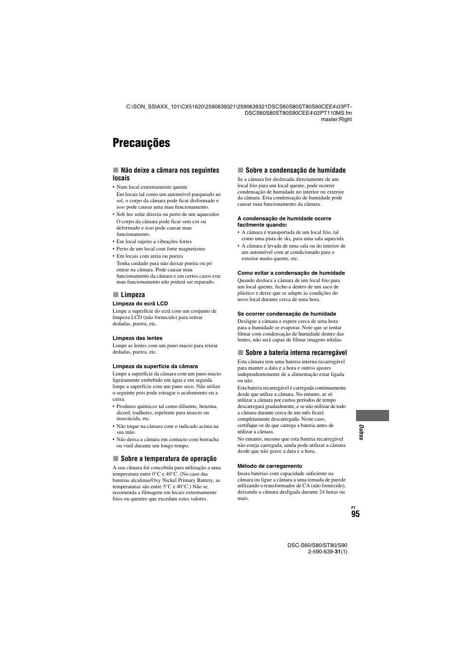Precauções | Sony DSC-ST80 Manual del usuario | Página 199 / 207