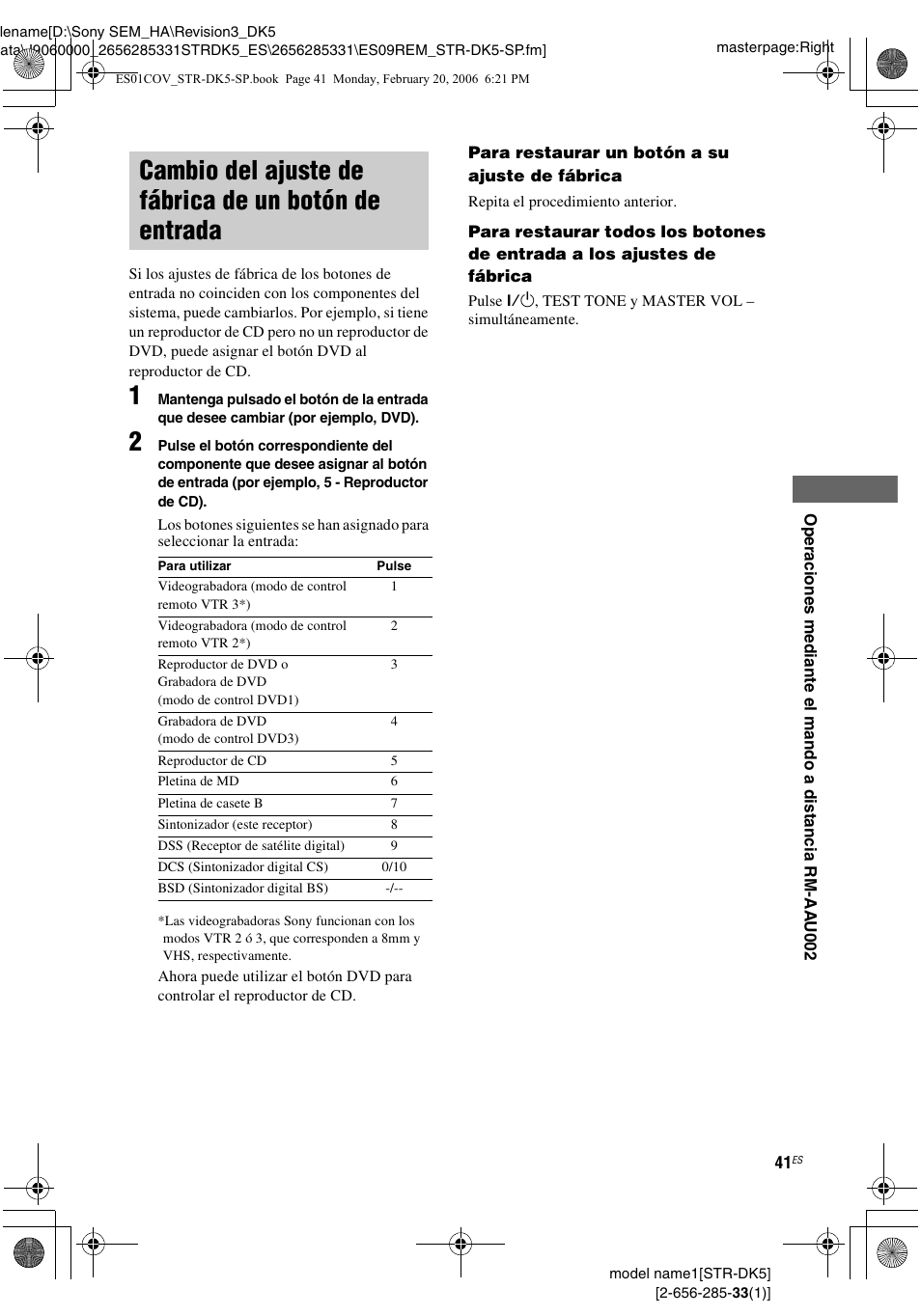 Cambio del ajuste de fábrica de un, Botón de entrada | Sony STR-DK5 Manual del usuario | Página 41 / 48