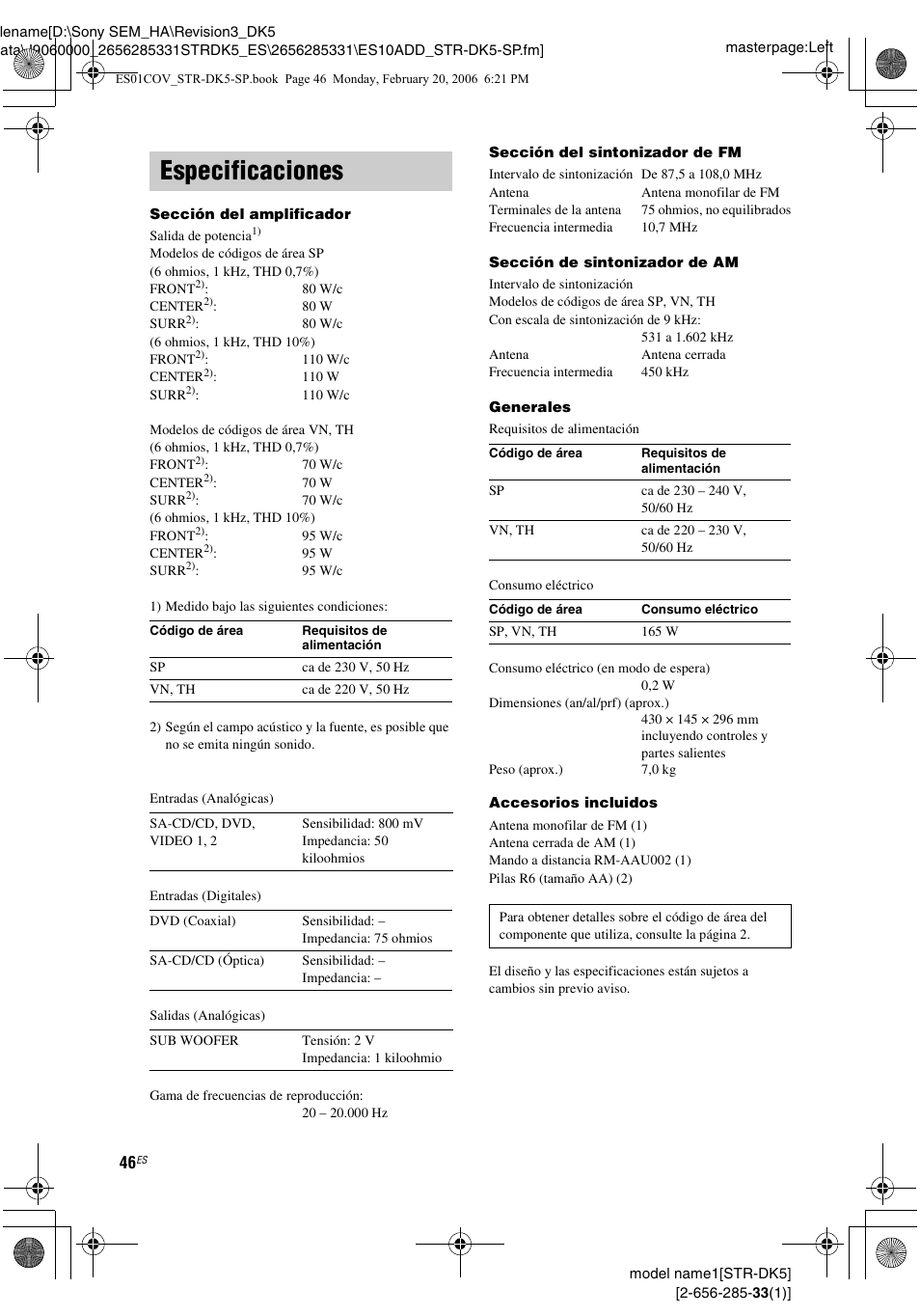 Especificaciones | Sony STR-DK5 Manual del usuario | Página 46 / 48