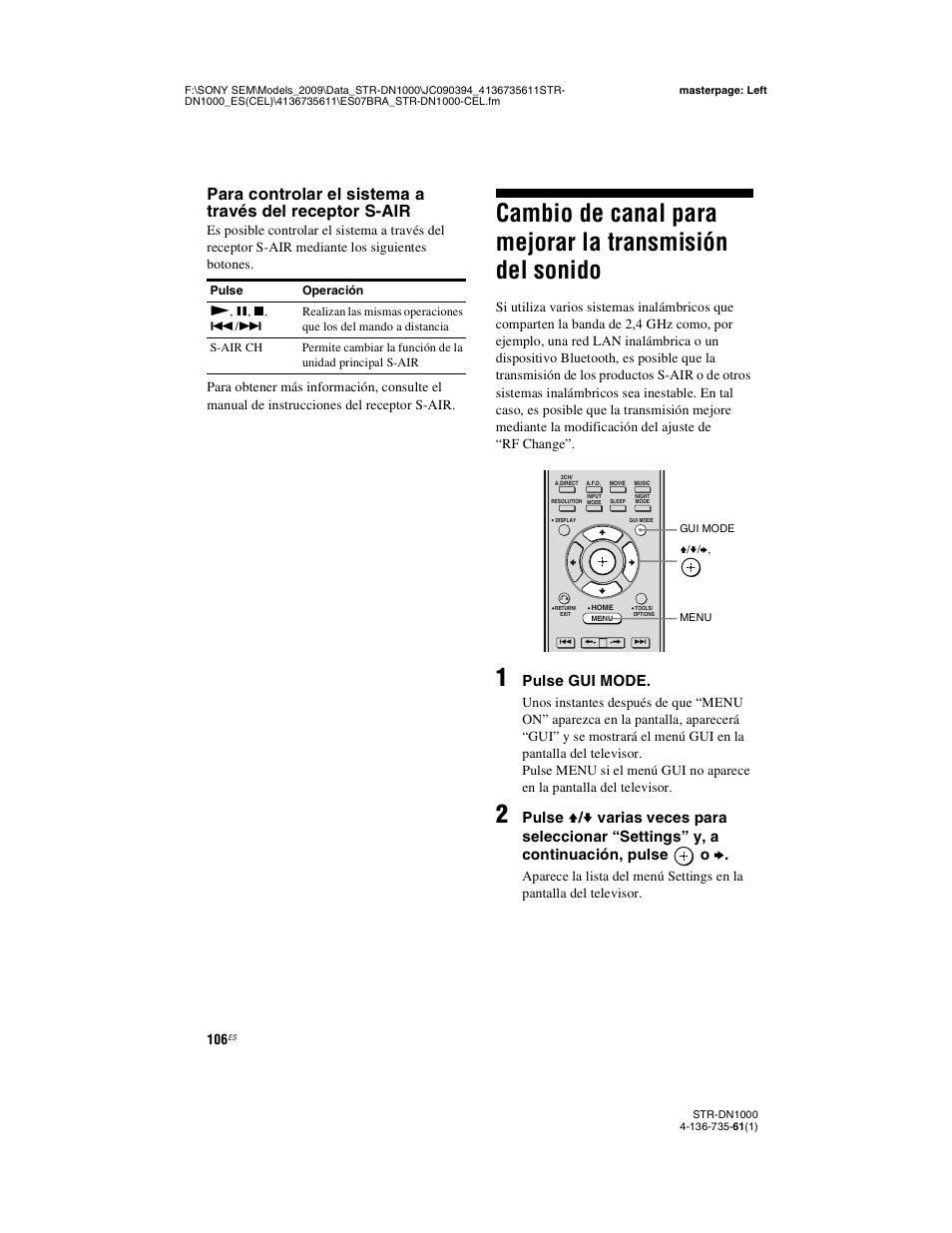Cambio de canal para mejorar la, Transmisión del sonido, Pulse gui mode | Sony STR-DN1000 Manual del usuario | Página 106 / 144