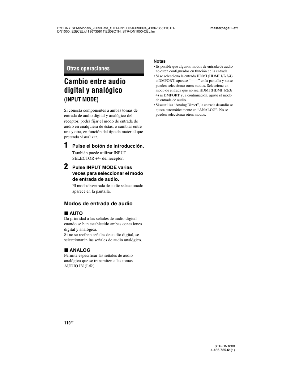Otras operaciones, Cambio entre audio digital y analógico, Input mode) | Sony STR-DN1000 Manual del usuario | Página 110 / 144