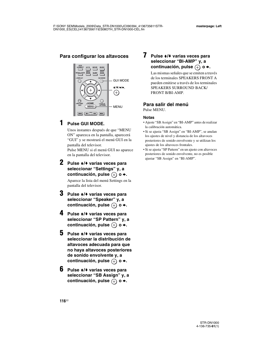 Para configurar los altavoces, Para salir del menú | Sony STR-DN1000 Manual del usuario | Página 116 / 144