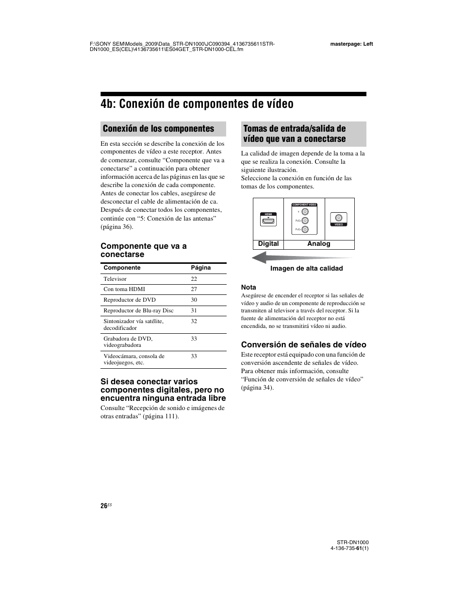 4b: conexión de componentes de vídeo, Conexión de los componentes, Conversión de señales de vídeo | Sony STR-DN1000 Manual del usuario | Página 26 / 144