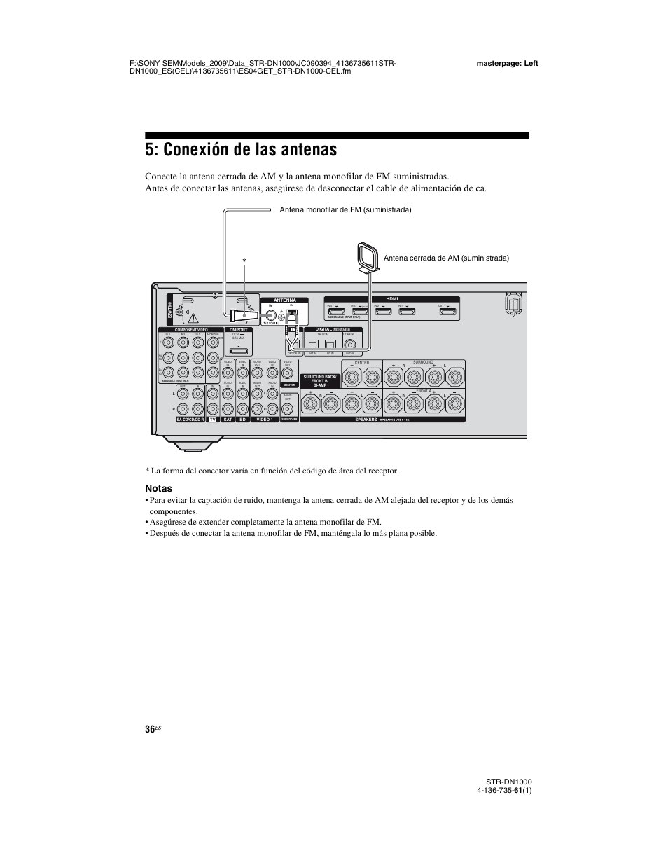 Conexión de las antenas, Notas | Sony STR-DN1000 Manual del usuario | Página 36 / 144