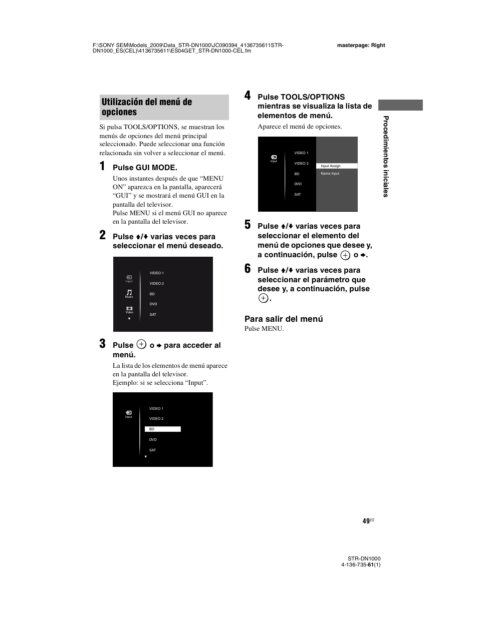 Utilización del menú de opciones, Para salir del menú | Sony STR-DN1000 Manual del usuario | Página 49 / 144