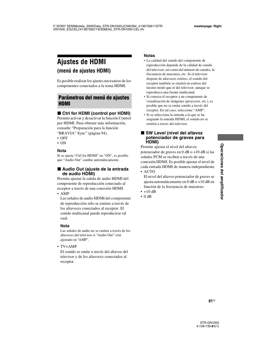 Ajustes de hdmi (menú de ajustes hdmi), Ajustes de hdmi, Menú de ajustes hdmi) | Parámetros del menú de ajustes hdmi | Sony STR-DN1000 Manual del usuario | Página 81 / 144
