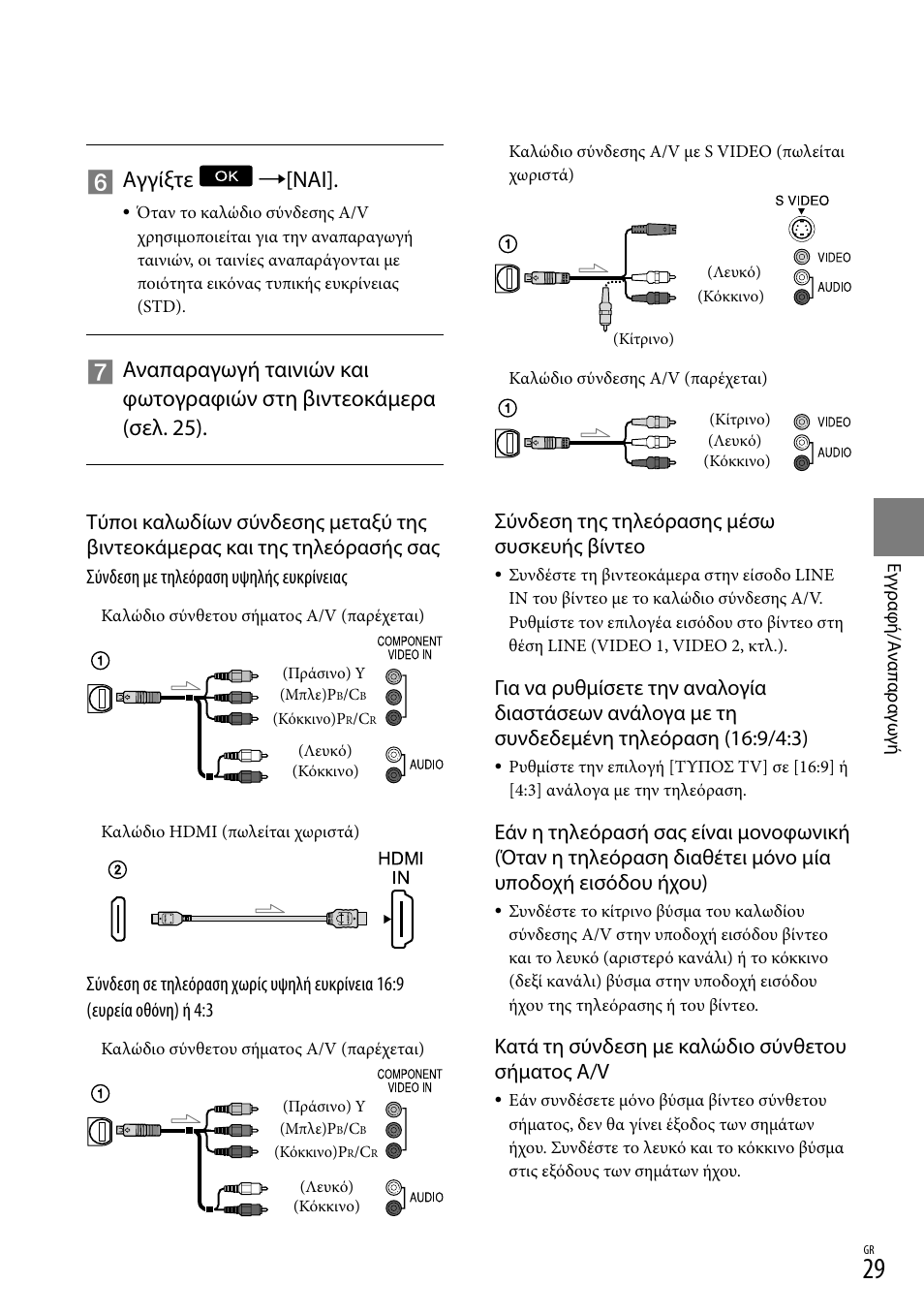 Αγγίξτε [ναι, Σύνδεση της τηλεόρασης μέσω συσκευής βίντεο, Κατά τη σύνδεση με καλώδιο σύνθετου σήματος a/v | Sony HDR-CX305E Manual del usuario | Página 177 / 307