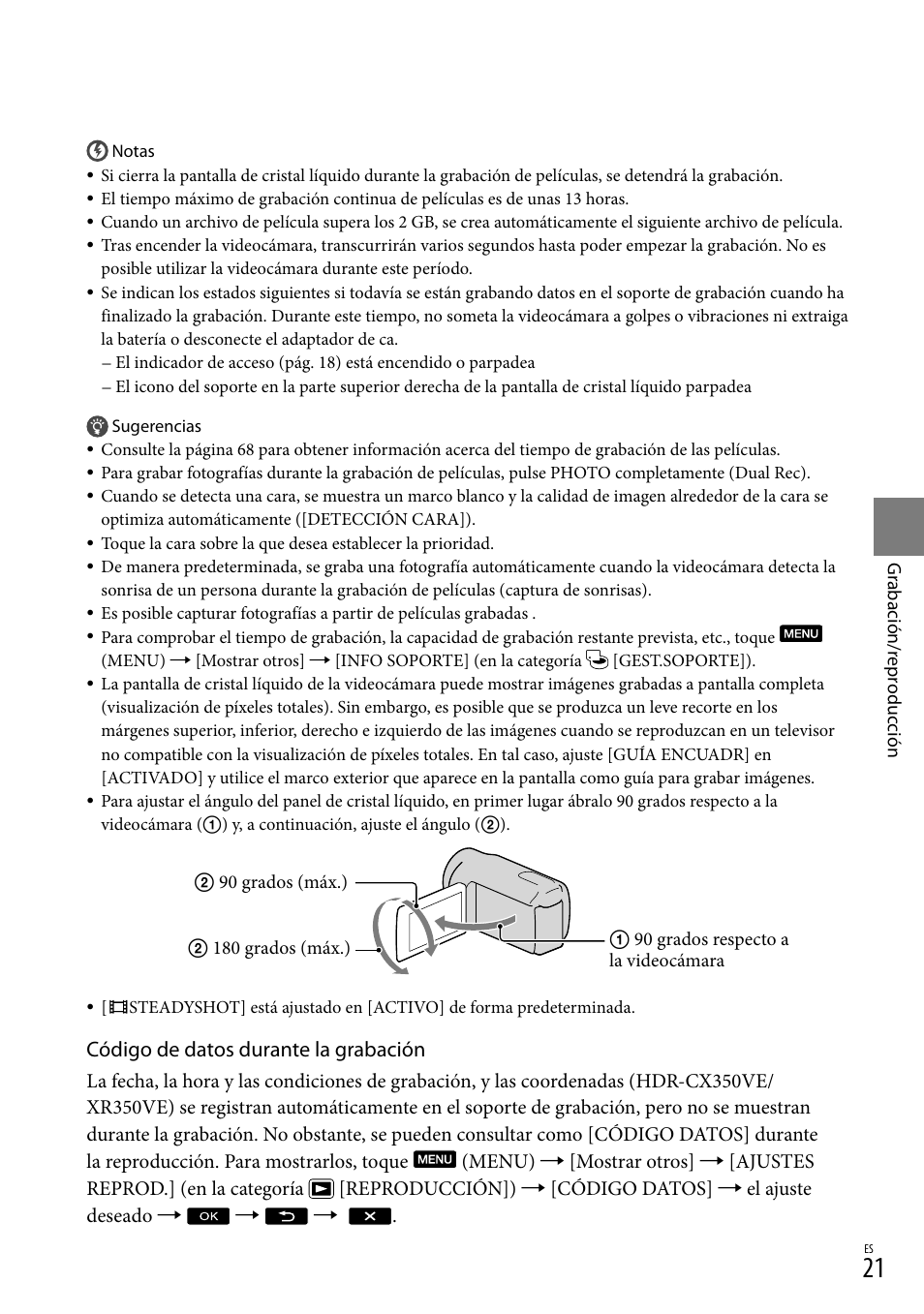 Código de datos durante la grabación | Sony HDR-CX305E Manual del usuario | Página 21 / 307