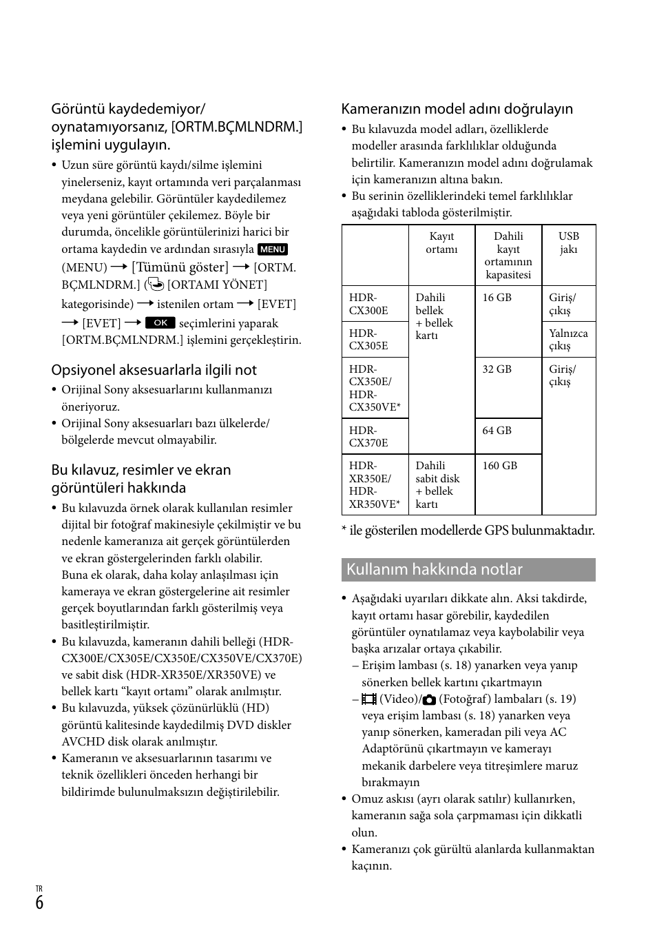 Kullanım hakkında notlar, Opsiyonel aksesuarlarla ilgili not, Bu kılavuz, resimler ve ekran görüntüleri hakkında | Kameranızın model adını doğrulayın | Sony HDR-CX305E Manual del usuario | Página 236 / 307