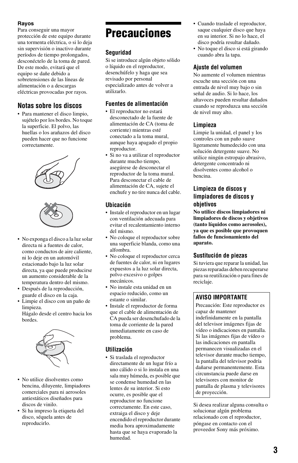 Precauciones, Notas sobre los discos | Sony DVP-PR30 Manual del usuario | Página 3 / 44