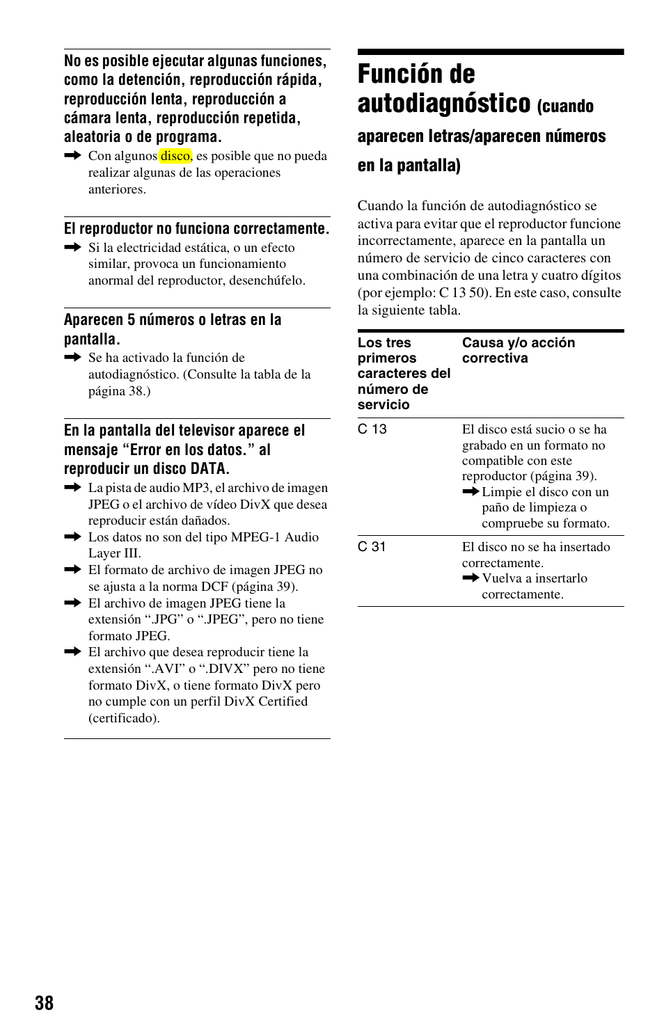 Función de autodiagnóstico | Sony DVP-PR30 Manual del usuario | Página 38 / 44