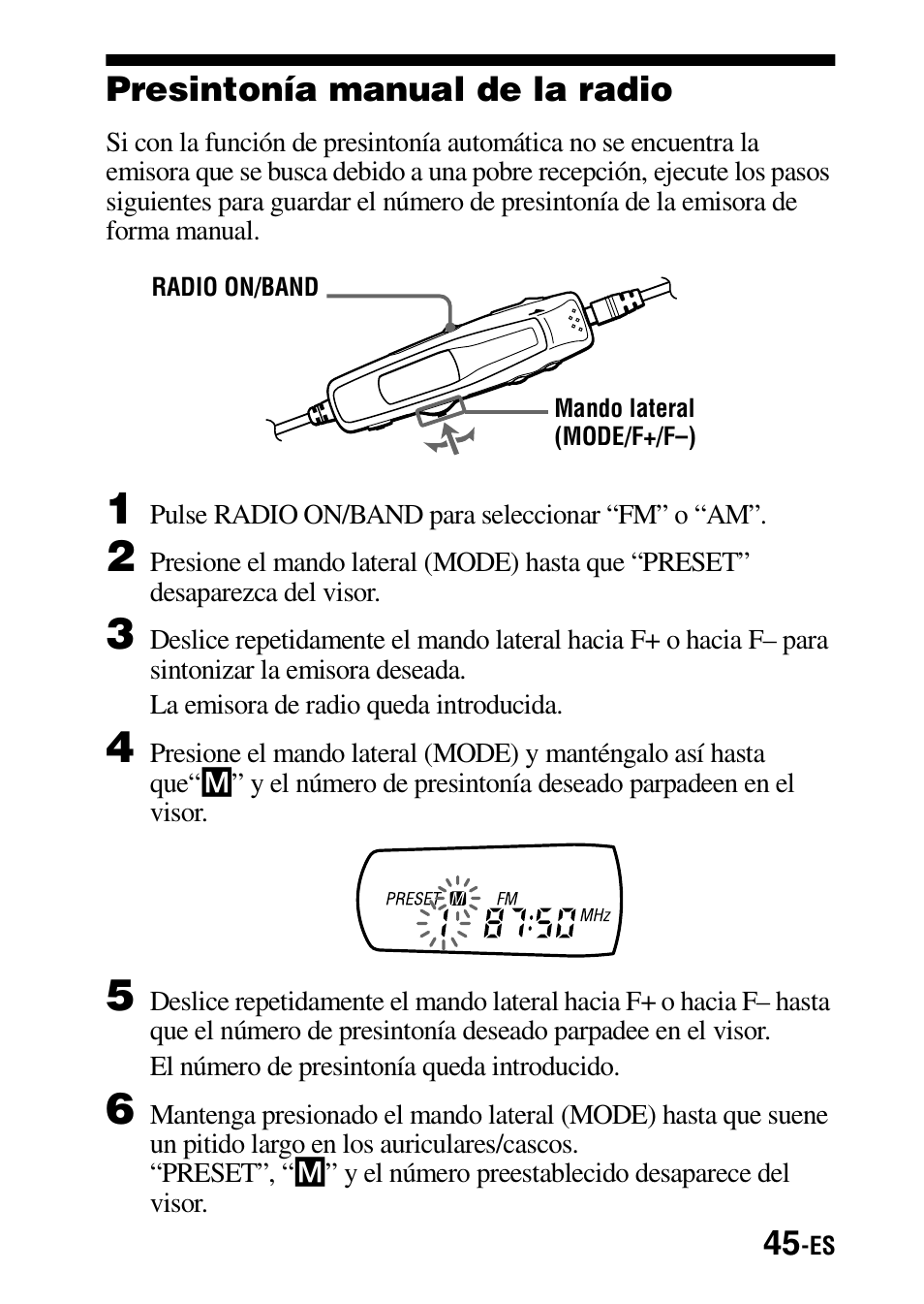 Presintonía manual de la radio | Sony MZ-G755 Manual del usuario | Página 45 / 152