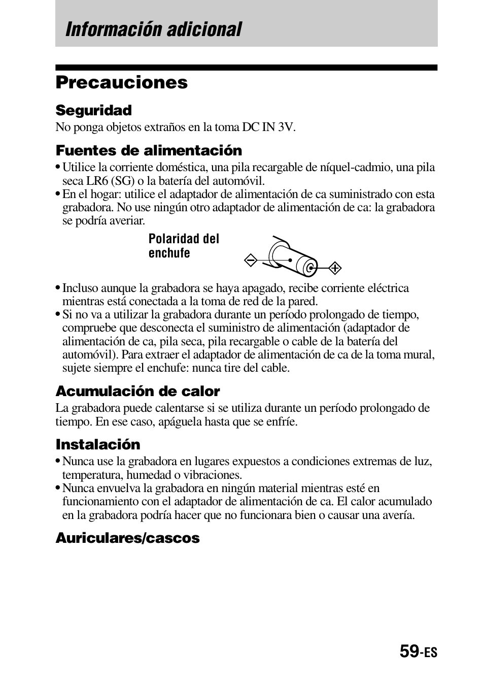 Información adicional, Precauciones | Sony MZ-G755 Manual del usuario | Página 59 / 152