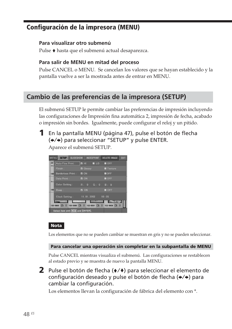 Cambio de las preferencias de la impresora (setup), Configuración de la impresora (menu) | Sony DPP-EX5 Manual del usuario | Página 48 / 88