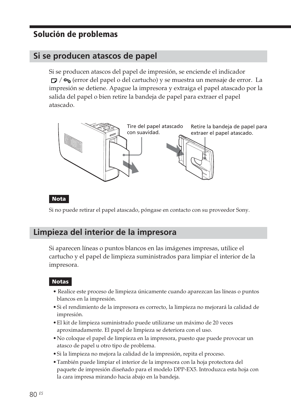 Si se producen atascos de papel, Limpieza del interior de la impresora, Solución de problemas | Sony DPP-EX5 Manual del usuario | Página 80 / 88