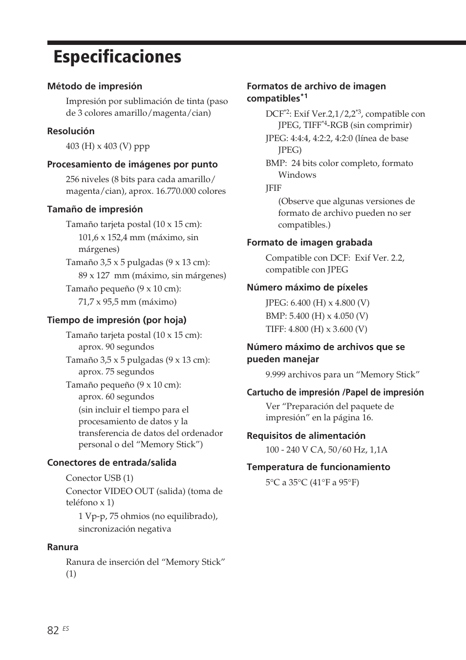 Especificaciones | Sony DPP-EX5 Manual del usuario | Página 82 / 88