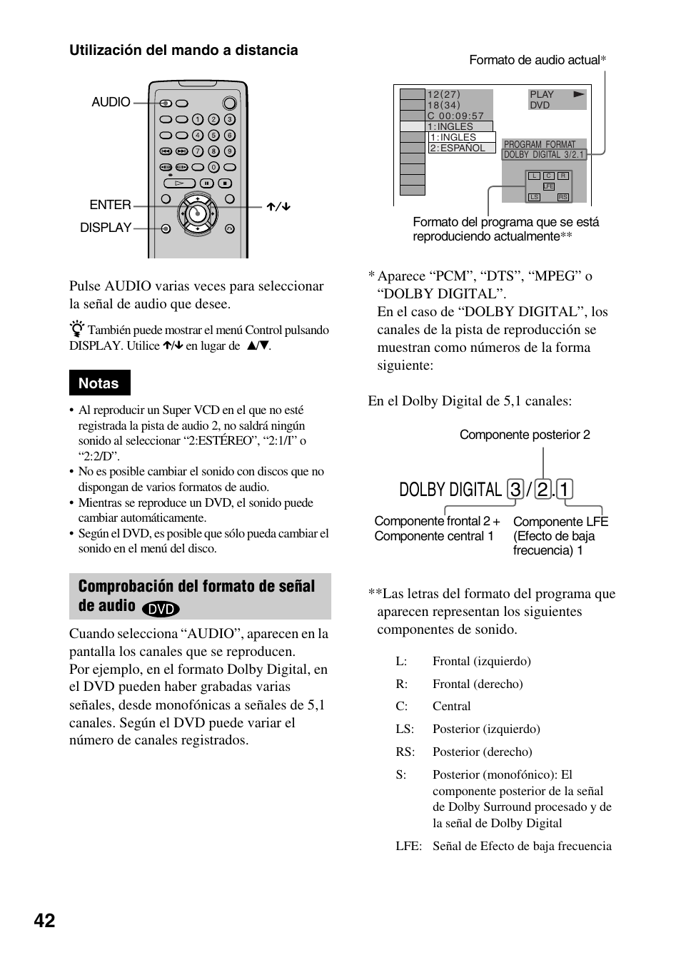 Dolby digital 3 / 2, Comprobación del formato de señal de audio | Sony D-VM1 Manual del usuario | Página 42 / 80