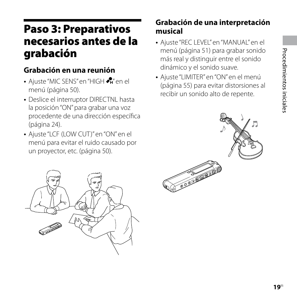 Paso 3: preparativos necesarios antes, De la grabación, Grabación en una reunión | Grabación de una interpretación musical | Sony ICD-SX57 Manual del usuario | Página 19 / 92