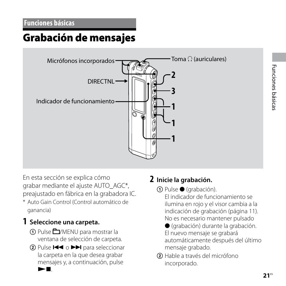 Funciones básicas, Grabación de mensajes | Sony ICD-SX57 Manual del usuario | Página 21 / 92