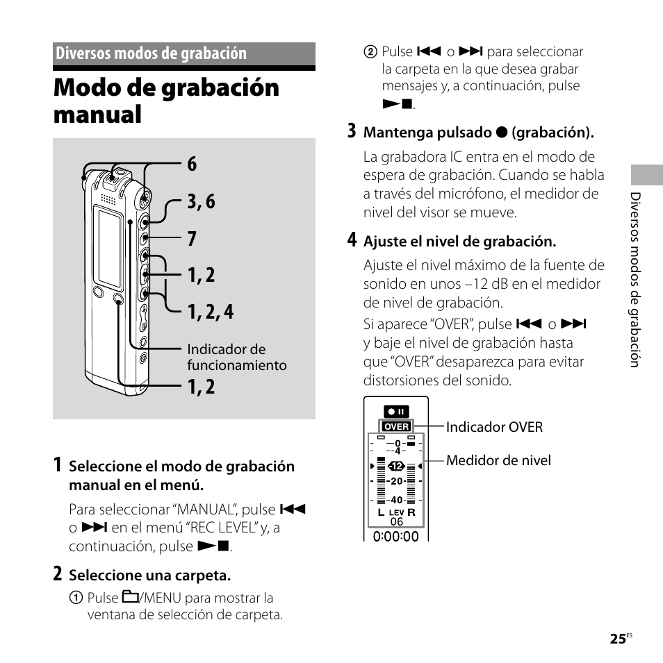 Diversos modos de grabación, Modo de grabación manual | Sony ICD-SX57 Manual del usuario | Página 25 / 92