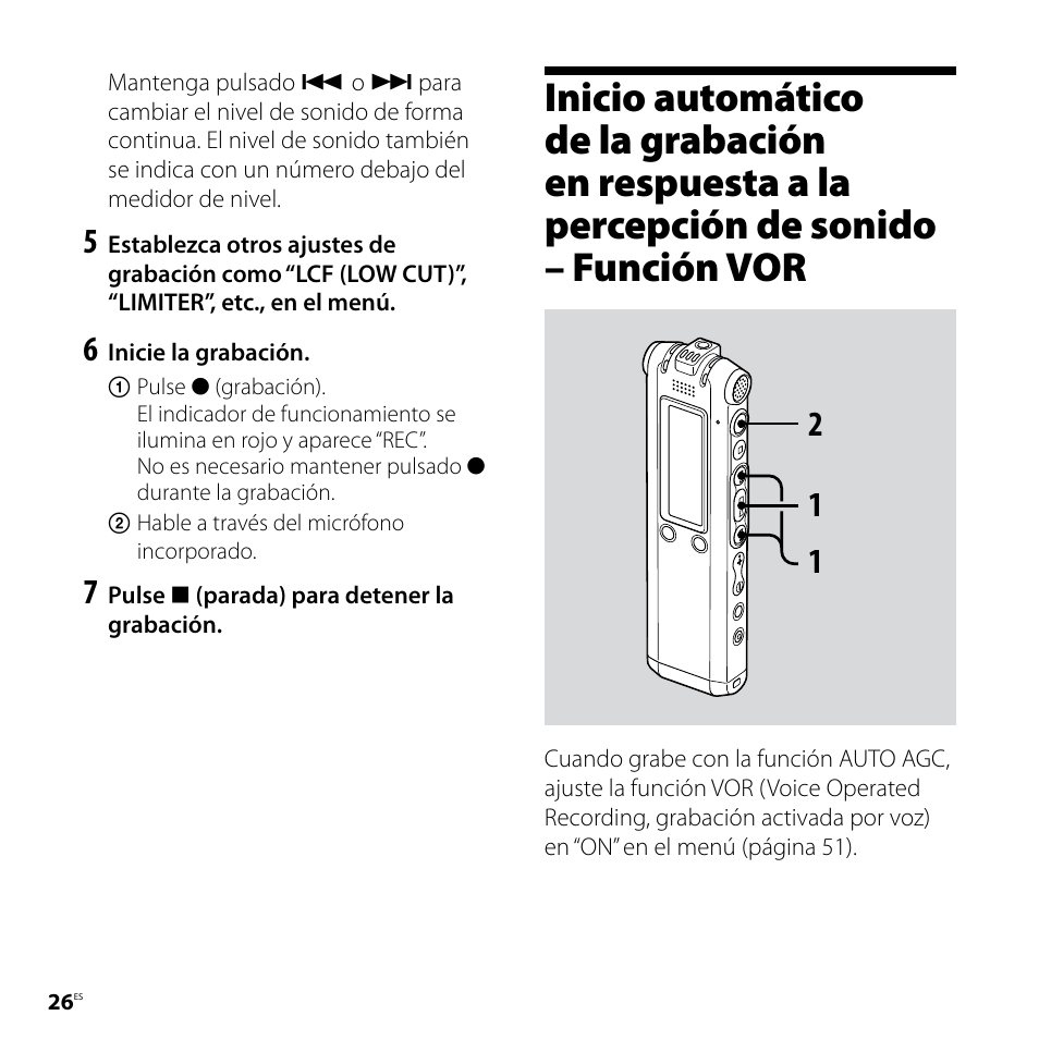 Inicio automático de la grabación en, Respuesta a la percepción de sonido, Función vor | Sony ICD-SX57 Manual del usuario | Página 26 / 92