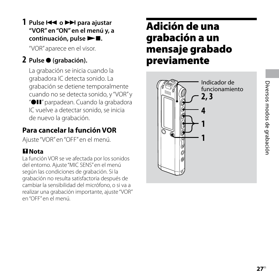 Adición de una grabación a un, Mensaje grabado previamente | Sony ICD-SX57 Manual del usuario | Página 27 / 92