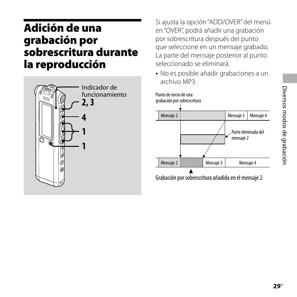 Adición de una grabación por, Sobrescritura durante la, Reproducción | Sony ICD-SX57 Manual del usuario | Página 29 / 92