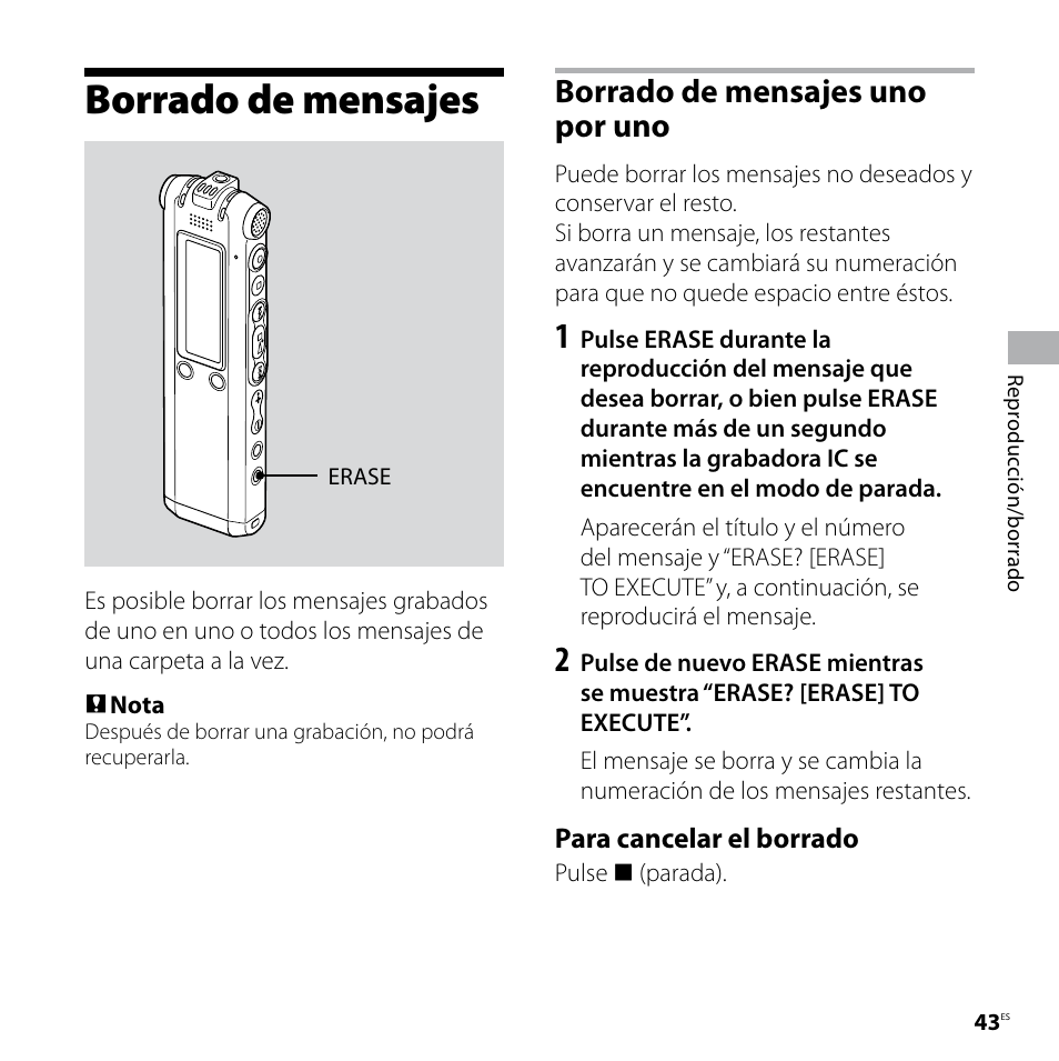 Borrado de mensajes, Borrado de mensajes uno por uno, Borrado de mensajes uno por | Sony ICD-SX57 Manual del usuario | Página 43 / 92
