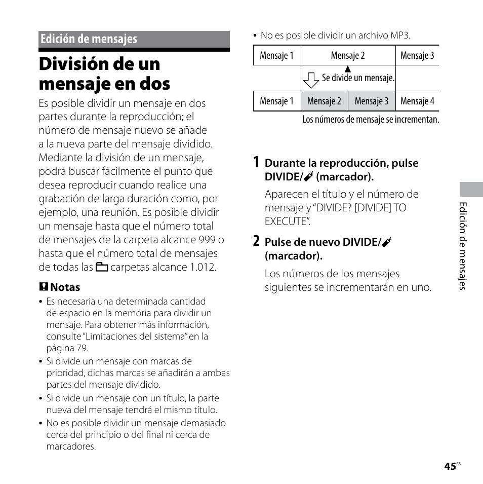 Edición de mensajes, División de un mensaje en dos | Sony ICD-SX57 Manual del usuario | Página 45 / 92
