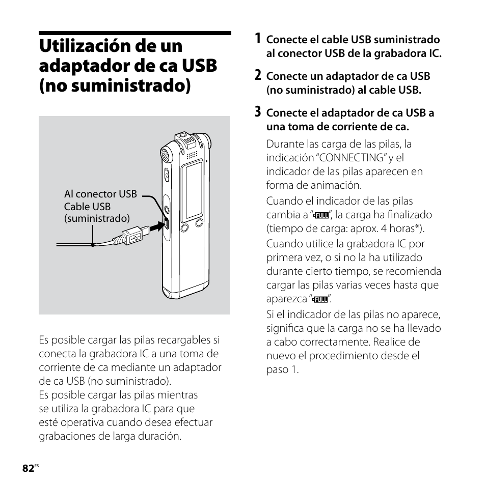 Utilización de un adaptador de ca usb, No suministrado) | Sony ICD-SX57 Manual del usuario | Página 82 / 92