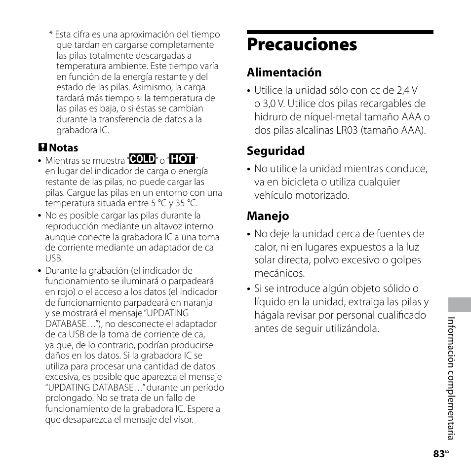 Precauciones, Alimentación, Seguridad | Manejo | Sony ICD-SX57 Manual del usuario | Página 83 / 92
