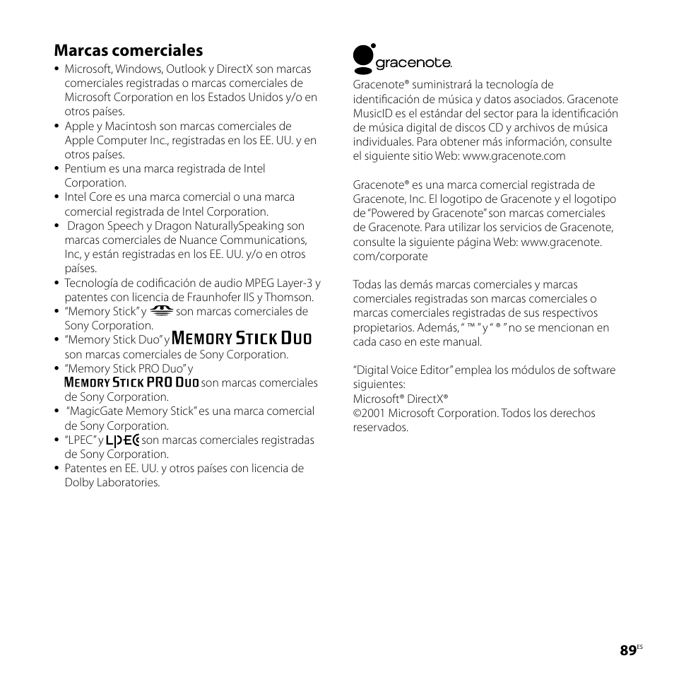 Marcas comerciales | Sony ICD-SX57 Manual del usuario | Página 89 / 92