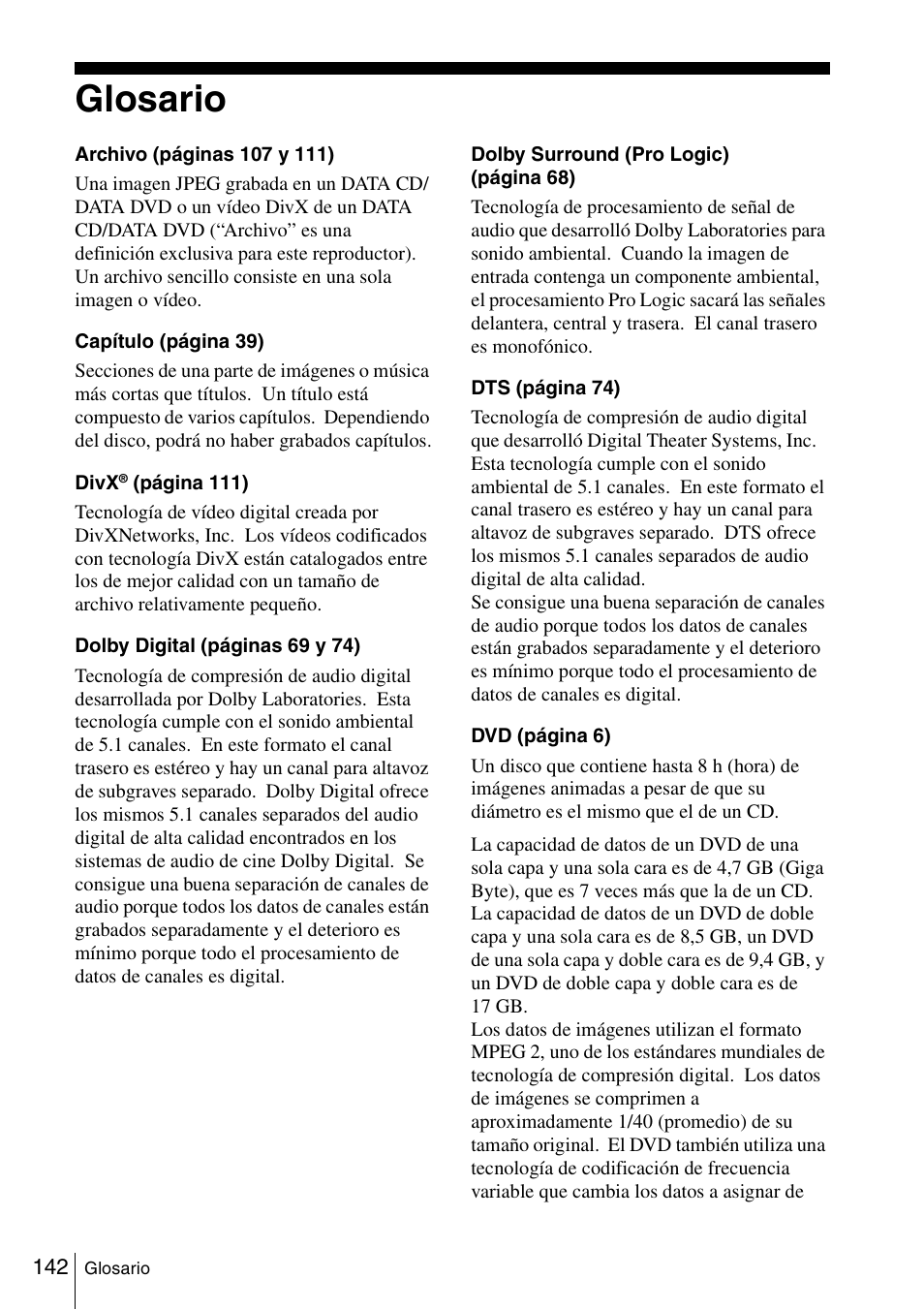 Glosario, 142 glo | Sony SLV-D980PD Manual del usuario | Página 142 / 156