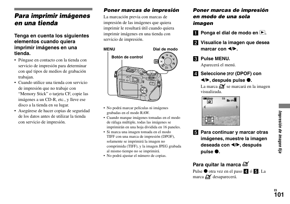 Para imprimir imágenes en una tienda, Poner marcas de impresión | Sony DSC-V3 Manual del usuario | Página 101 / 328