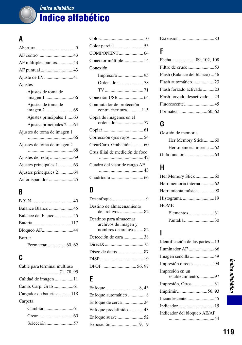 Índice alfabético | Sony DSC-T100 Manual del usuario | Página 119 / 123