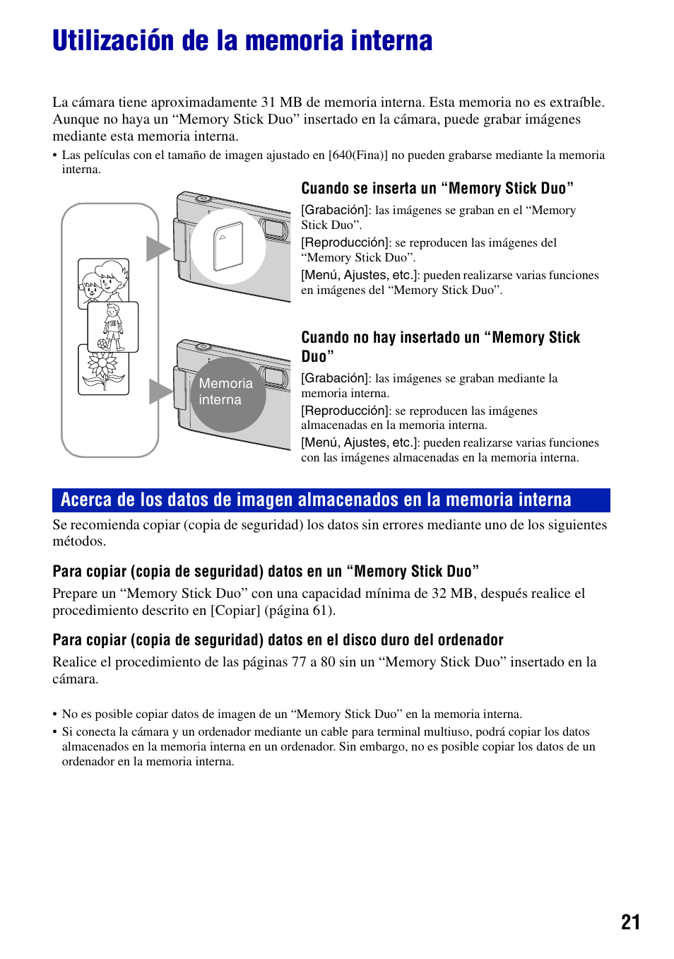 Utilización de la memoria interna | Sony DSC-T100 Manual del usuario | Página 21 / 123