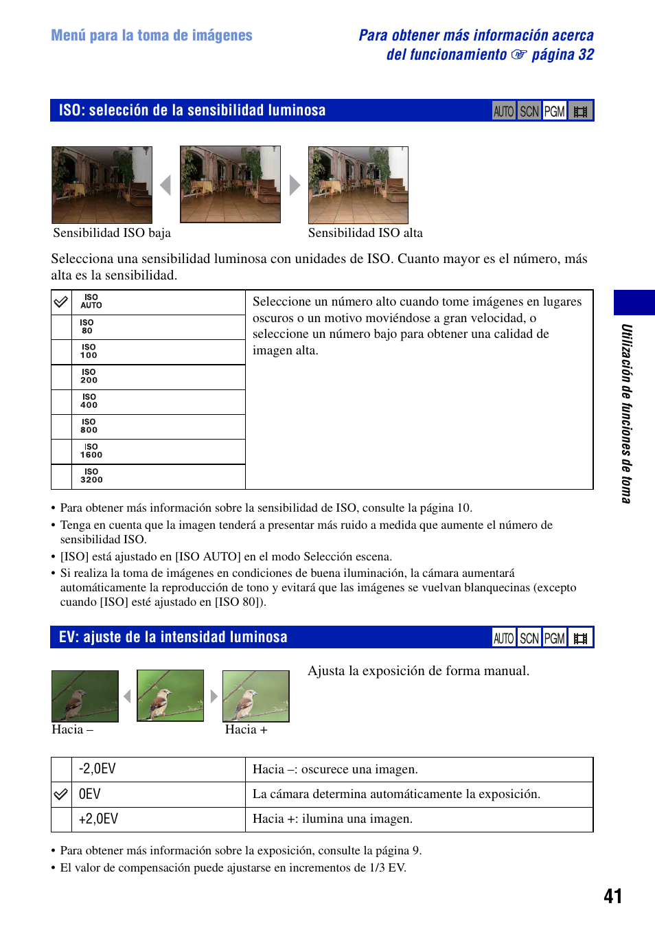 Iso: selección de la sensibilidad luminosa, Ev: ajuste de la intensidad luminosa | Sony DSC-T100 Manual del usuario | Página 41 / 123
